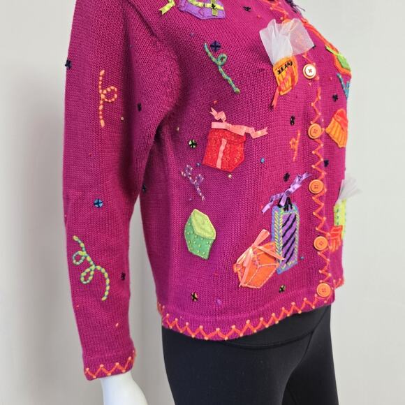 Susan Bristol PS Petite Small Cardigan Party Presents Holiday Pink Button Front - Picture 4 of 11
